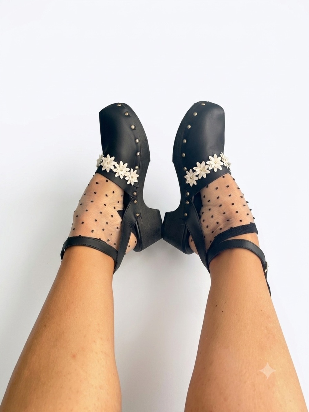 ASOS Black Floral-Appliqué Clog Heels with Ankle Straps